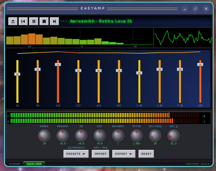 EasyAmp parametric equalizer: per-band sliders, rotary knobs with LCD readouts, and L/R LED meters