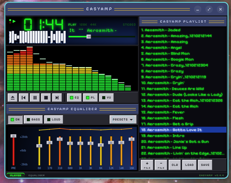 EasyAmp player view: live spectrum, transport, mini-EQ, and full playlist